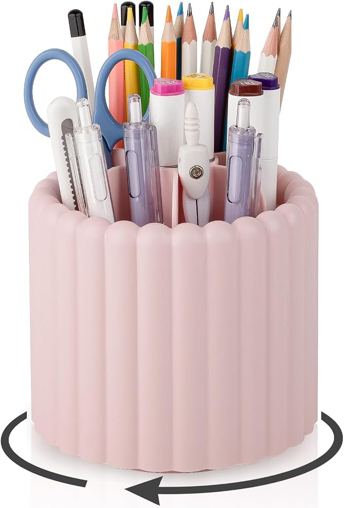 Anyoifax 360° Rotating Pen Holder 7 Slots Desk Organizer Removable Pencil Cup Plastic Art Supplies and Accessories Desktop Storage Box Caddy for Office, School, Home (Pink)