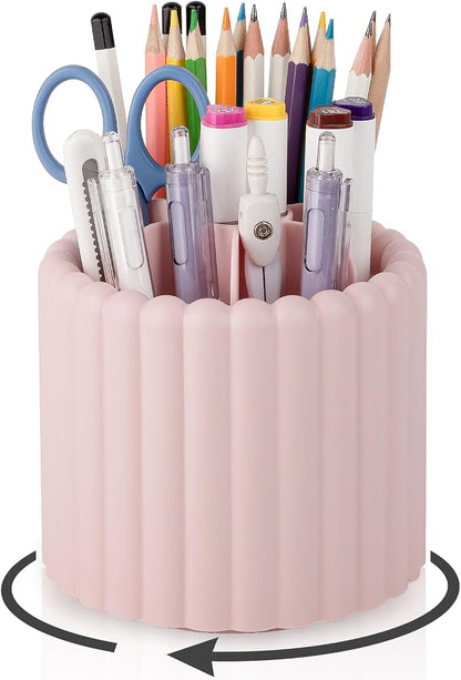 Anyoifax 360° Rotating Pen Holder 7 Slots Desk Organizer Removable Pencil Cup Plastic Art Supplies and Accessories Desktop Storage Box Caddy for Office, School, Home (Pink)