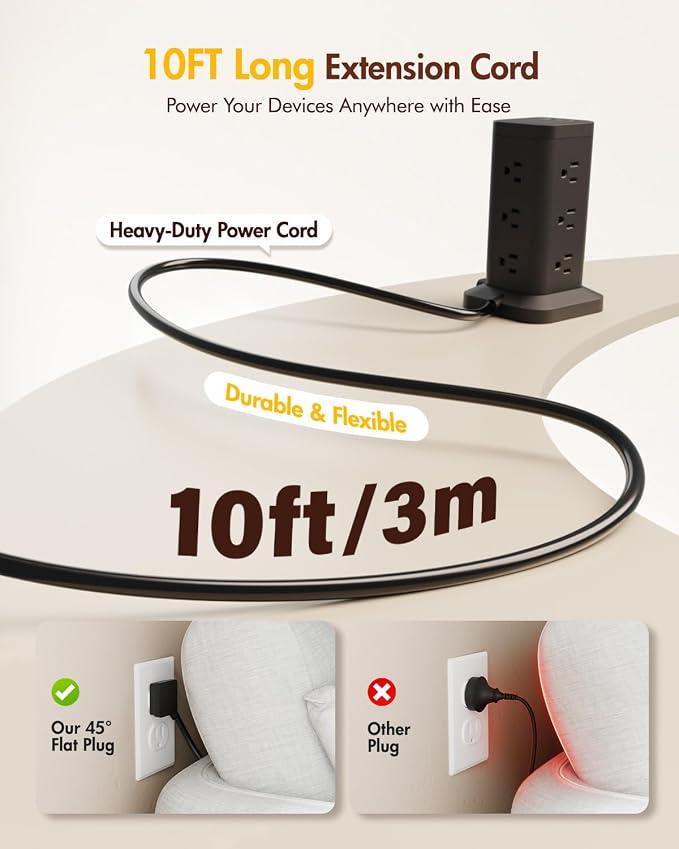 2Pack Power Strip Tower with Surge Protector 1800J, Fast Charging Tower PD20W USB-C Ports with 12 AC Outlets, 10ft Extension Cord for Home Office Dorm Room, Black
