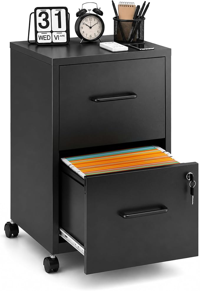 SAWJEC 2 Drawer File Cabinet with Lock, Black Metal Filing Cabinet for Home Office, Assembly Required, Vertical Locking File Cabinet with Letter Size Hanging Files, 17.7" D x 15.0" W x 26.8" H