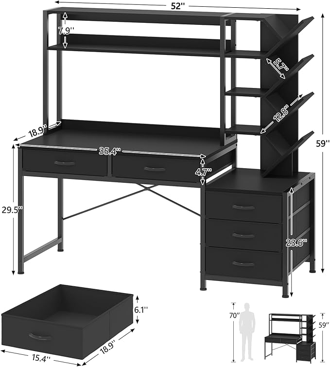 YOMILUVE Reversible Computer Desk with Hutch, Home Office Desk with 5 Drawers and Bookshelf, 52'' Study Writing Desk with Storage Shelves for Bedroom Home Office, Black