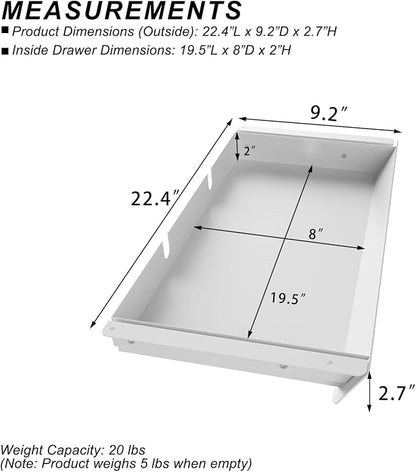 White Large Under Desk Mounted Sliding Drawer with 2 Cable Hole and 60 Degree Tilt Panel to Pull Out, 22.4'' Long & 9.2'' deep Large Storage Organizer for Sit Stand Workstation