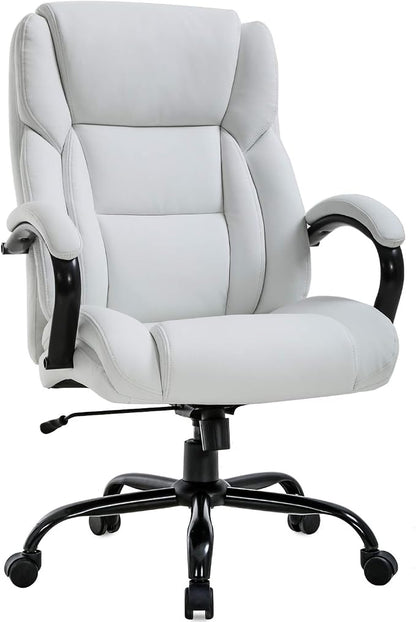 Office Chair 500lbs Wide Seat Ergonomic Desk Chair PU Leather Computer Chair Task High Back Executive Chair with Lumbar Support Armrest Adjustable Chair for Heavy People, White