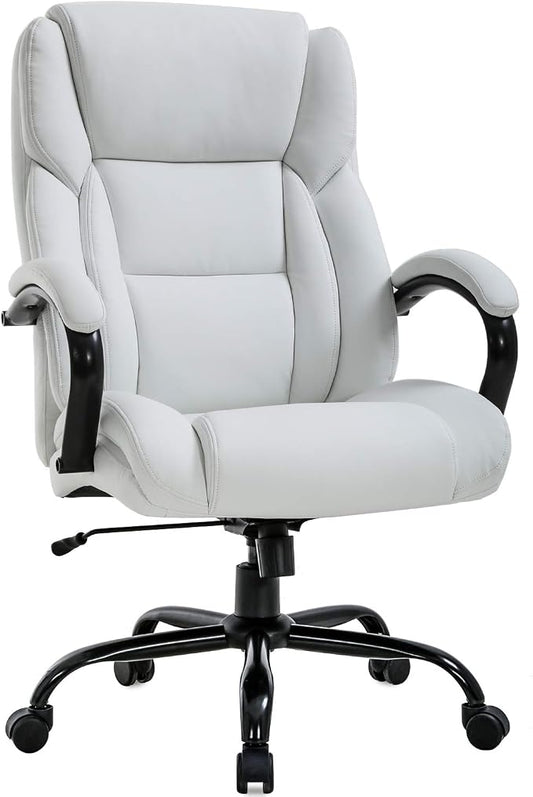 Office Chair 500lbs Wide Seat Ergonomic Desk Chair PU Leather Computer Chair Task High Back Executive Chair with Lumbar Support Armrest Adjustable Chair for Heavy People, White