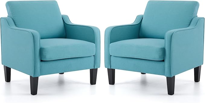 VINGLI Accent Chairs Set of 2 Blue Linen Living Room Chairs Reading Chair for Bedroom Scooped Arm Chair Mid Century Modern Accent Chair Upholstered Comfy Chair for Apartment, Waiting Room