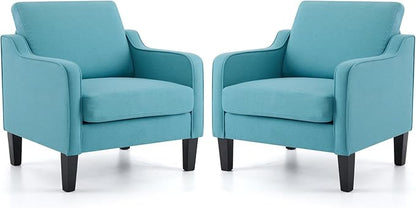 VINGLI Accent Chairs Set of 2 Blue Linen Living Room Chairs Reading Chair for Bedroom Scooped Arm Chair Mid Century Modern Accent Chair Upholstered Comfy Chair for Apartment, Waiting Room
