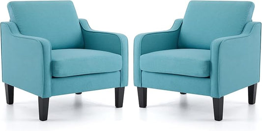 VINGLI Accent Chairs Set of 2 Blue Linen Living Room Chairs Reading Chair for Bedroom Scooped Arm Chair Mid Century Modern Accent Chair Upholstered Comfy Chair for Apartment, Waiting Room