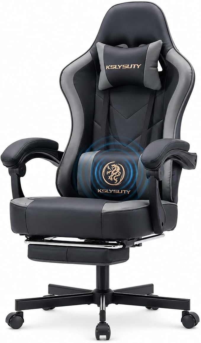 Office Desk Computer Gaming Chair for Adults, Ergonomic High Back Gamer Chair with Massage and Pocket Spring Cushion, Swivel Comfy Video Game Chairs with Footrest and Lumbar Support (Black Grey)