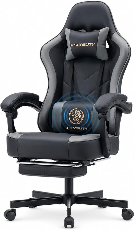 Office Desk Computer Gaming Chair for Adults, Ergonomic High Back Gamer Chair with Massage and Pocket Spring Cushion, Swivel Comfy Video Game Chairs with Footrest and Lumbar Support (Black Grey)