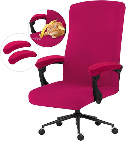 Stretch Computer Office Chair Cover with Armrest Covers Durable Zipper Universal Washable Removable Spandex Rotating Boss Chair Slipcovers Anti-dust Soft Desk Chair Seat Protector, Hot Pink