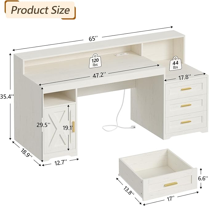 TVU Farmhouse Computer Desk with Drawers, 65'' Home Office Desk with Power Outlets, Storage Cabinet and Printer Stand, Study Writing Desks with Long Monitor Stand, White