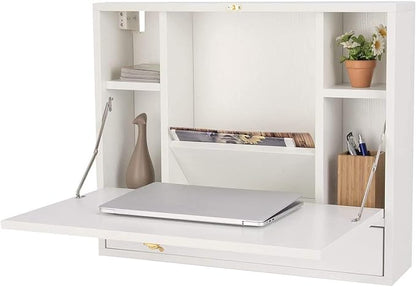 GRAFFY Wall Mounted Table, Multifunctional Folding Hanging Storage Cabinet, Space Saving Computer Desk w/Storage Drawer and Shelves, Wall Mount Laptop Desk for Home Office (White)