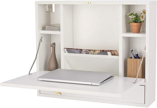GRAFFY Wall Mounted Table, Multifunctional Folding Hanging Storage Cabinet, Space Saving Computer Desk w/Storage Drawer and Shelves, Wall Mount Laptop Desk for Home Office (White)