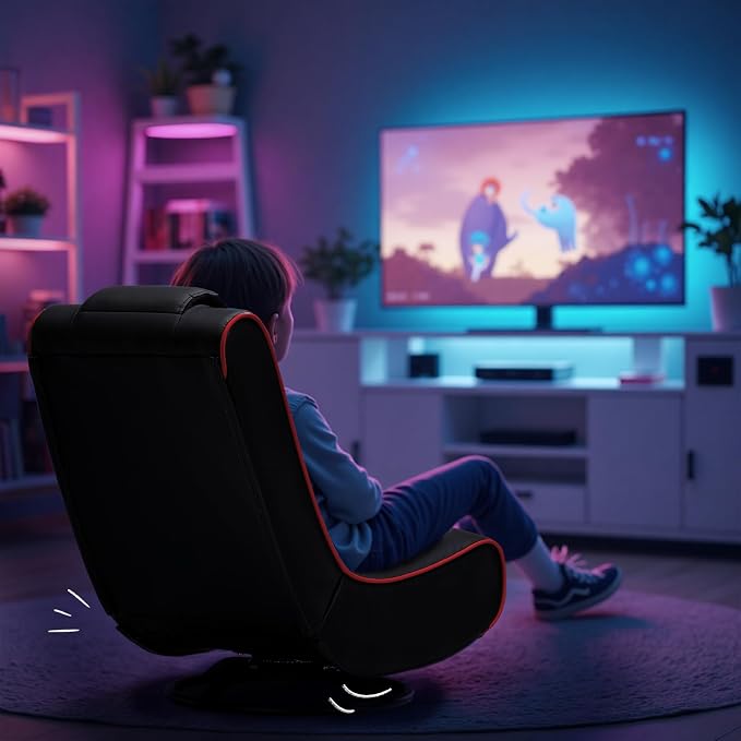 GTPLAYER Floor Gaming Chair Foldable Swivel Floor Chairs for Kids Boys Comfy Video Game Seat with 360° Multipurpose for Gamers, Bedroom or Game Room (Black-Red)