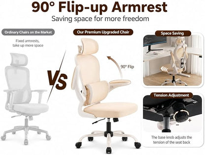 Ergonomic Office Chair with Adjustable Headrest & Lumbar Support, High Back Mesh Desk Chair, 330 LBS Capacity Swivel Computer Chair with Flip-Up Arms, Home Office Gaming Chair (Beige)