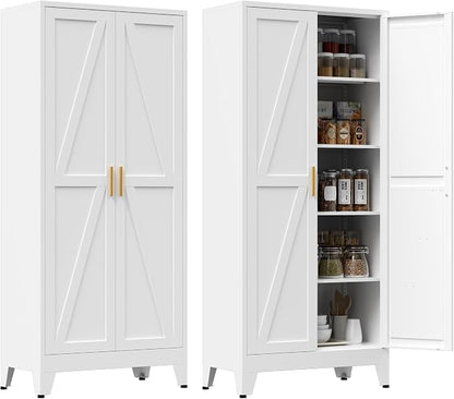71" Tall Metal Pantry Cabinet, Kitchen Storage Cabinet with 2 Doors and 4 Adjustable Shelves for Kitchen, Living Room, Dining Room, Bathroom and Home, Office (White, 1PC)