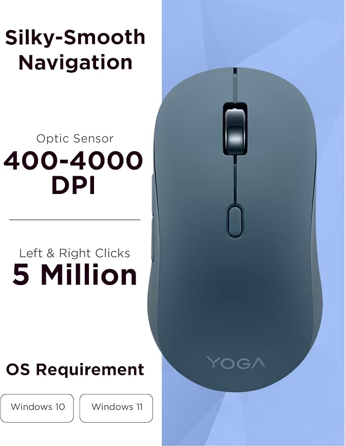 Lenovo Yoga Bluetooth Silent Mouse, 3 Level DPI Adjustment, 36 Month Battery Life, Bluetooth 5.3, 3 Device Paring, Whisper Quiet, Programmable Buttons, Smooth Finish, Tidal Teal