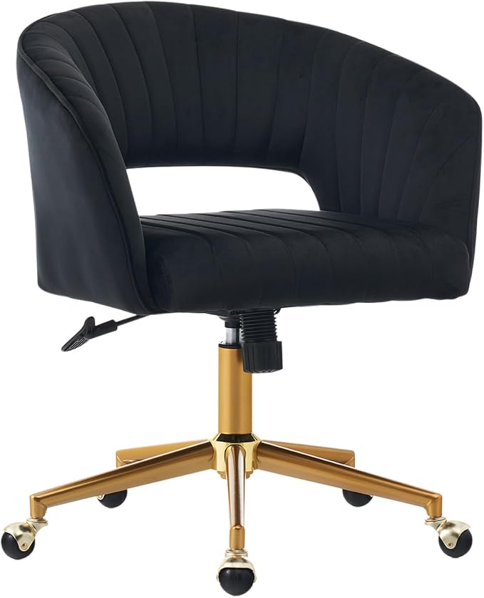 Vanity Chair with Back 360 Swivel Armchair and Gold Base, Criss Cross Chair with Wheels for Vanity Home Office, Living Room, Bedroom and Study (Black)