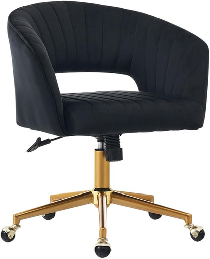 Vanity Chair with Back 360 Swivel Armchair and Gold Base, Criss Cross Chair with Wheels for Vanity Home Office, Living Room, Bedroom and Study (Black)