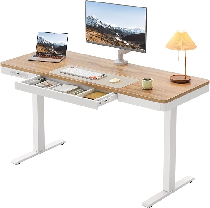 OffiGo 55 Inch Electric Standing Desk, Height Adjustable Table with Storage, Sit Stand Desk with Charging Station for Home Office, Computer Workstation, Maple+White
