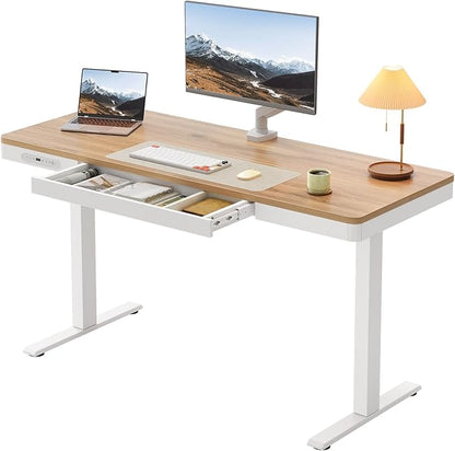 OffiGo 55 Inch Electric Standing Desk, Height Adjustable Table with Storage, Sit Stand Desk with Charging Station for Home Office, Computer Workstation, Maple+White