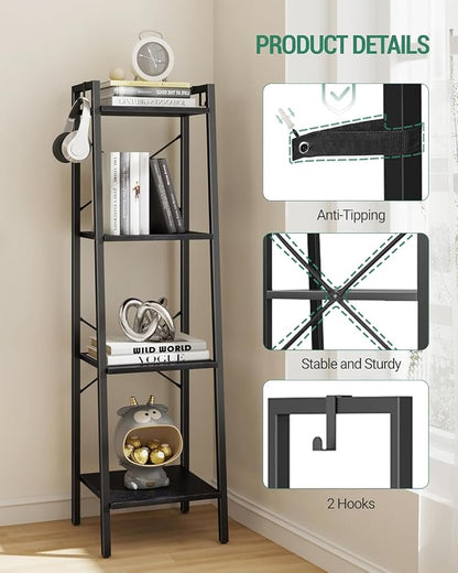 Hzuaneri Ladder Shelf, Bookshelf Bookcase, Freestanding Corner Storage Shelve with 2 Hooks for Home Office, Living Room, Kitchen, Bedroom, Industrial, 11.8" D x 13.4" W x 47.2" H, Black BC13204B