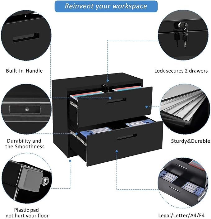 Lateral Filing Cabinet, 2 Drawer Metal Lockable File Cabinet for Commercial Grade Office Legal and Letter File (Black)