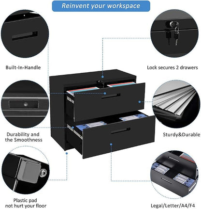 Lateral Filing Cabinet, 2 Drawer Metal Lockable File Cabinet for Commercial Grade Office Legal and Letter File (Black)