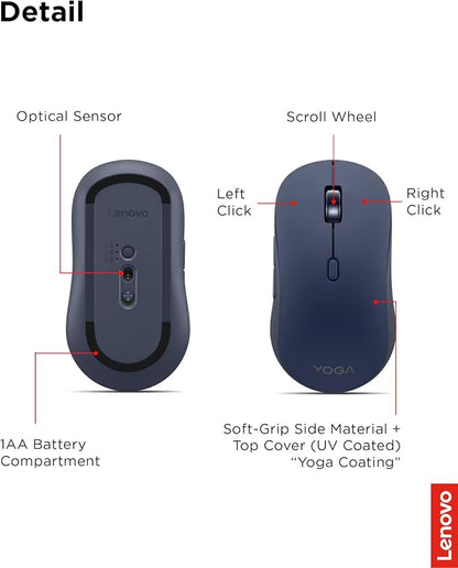 Lenovo Yoga Bluetooth Silent Mouse, 3 Level DPI Adjustment, 36 Month Battery Life, Bluetooth 5.3, 3 Device Paring, Whisper Quiet, Programmable Buttons, Smooth Finish, Cosmic Blue