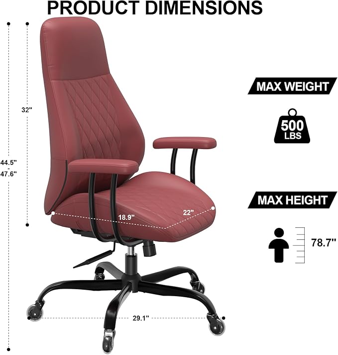 E-Ser Leather Desk Chair, Mid Century Modern Office Chair, Red | Lumbar Support, Ergonomic, 360° Swivel, Rubber Rolling Wheels, Adjustable Height, for Adults