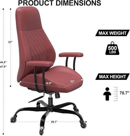 E-Ser Leather Desk Chair, Mid Century Modern Office Chair, Red | Lumbar Support, Ergonomic, 360° Swivel, Rubber Rolling Wheels, Adjustable Height, for Adults