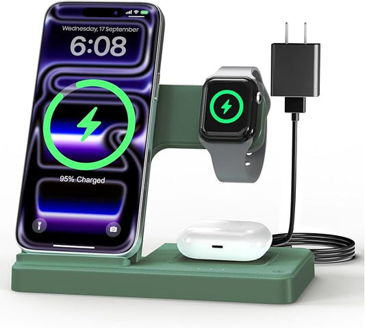 Wireless Charger Stand Charging Station: 3 in 1 Charger Multiple Devices for Apple iPhone 17 16e 16 15 14 Pro Max 13 12 11 for Watch 11 10 9 8 7 6 5 4 3 2 SE and Ultra & Airpods Series, Dark Green
