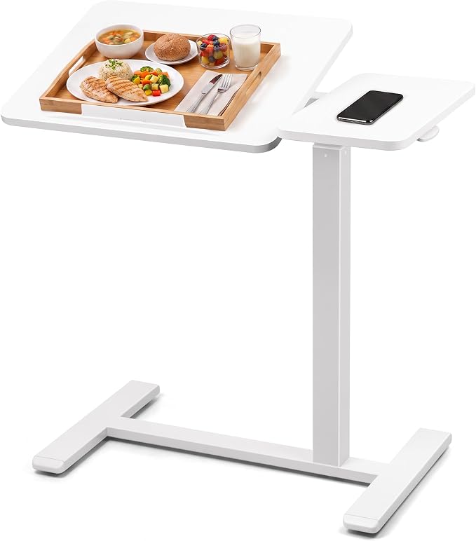 Adjustable Overbed Table with Tilt Board & Wheels, Rolling Bedside Laptop Desk for Hospital Bed Home Office, Height Adjustable Bed Table Tray for Eating Working Reading, 26.18"-42.12" (White)