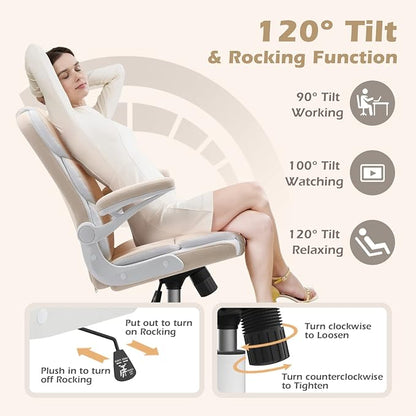 SEATZONE Office Chair Velvet Fabric Ergonomic Executive Computer Desk Chairs Small Cute Rolling Task Chairs for Teens&Adults,Beige