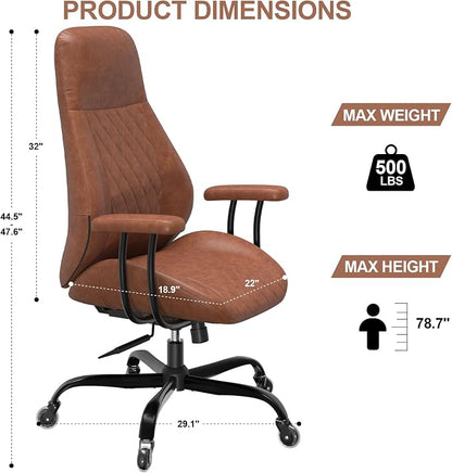 E-Ser Leather Desk Chair, Mid Century Modern Office Chair, Brown | Lumbar Support, Ergonomic, 360° Swivel, Rubber Rolling Wheels, Adjustable Height, for Adults