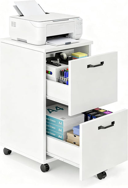 2 Drawer Filing Cabinet, Wood Rolling Filing Cabinets with Printer Stand, Under Desk Storage Lockable Wheels, Home Office Organizer for A4 Letter Legal Size Documents,White