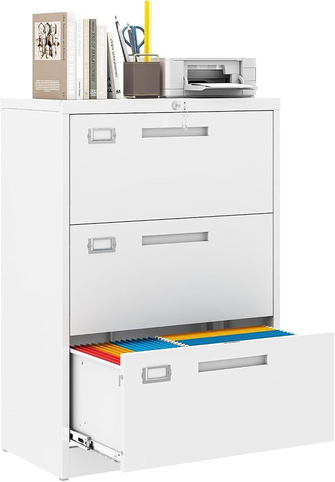 MIIIKO Lateral 3 Drawer File Cabinet,White Metal Filing Cabinets with Lock, Metal Storage File Cabinets for Home Office,Letter/Legal/A4 Size