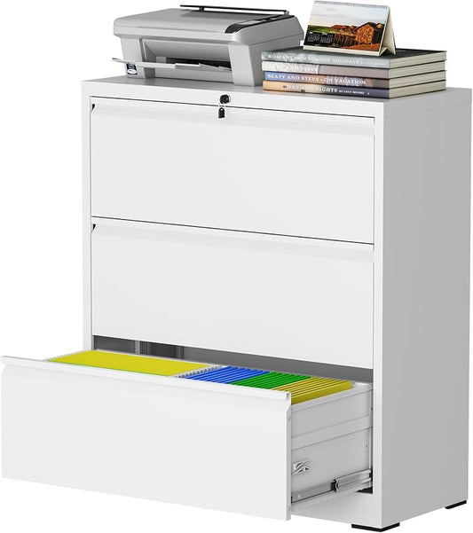 3 Drawer Lateral File Cabinet with Lock, Metal Lateral File Cabinets for Home Office, Steel Heavy-Duty Filing Storage Cabinet for Letters/Legal/A4 (Require Assembly, White)