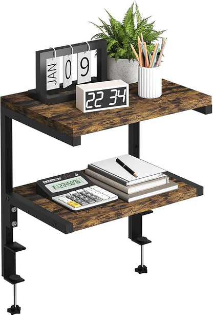 Mondazie Clamp on Desk Organizer Shelf, Heavy-Duty Desk Extender Side Table with 2-Tier Adjustable Storage Shelves for Desktop Accessories, Gaming Devices, Black