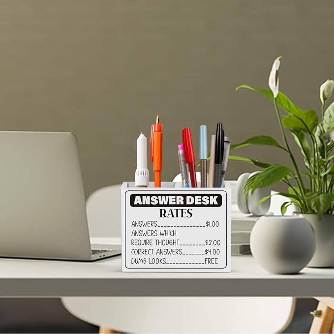 Funny Office Answer Desk Rates Pencil Holder Sign Funny Boss Gifts Office Room Decor for Women Men Teams Coworker Friend Wooden Pencil Holder Boss Day Gifts Desk Decor