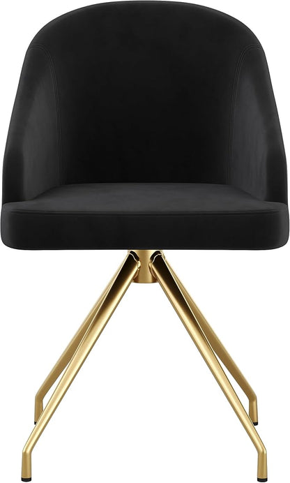 Martha Stewart Sora Stationary Swivel Task Chair with Sloped Arms for Home Office in Black Velvet with Polished Brass Frame