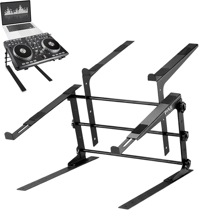 Pyle Portable Dual Laptop Stand - Standing Table with Adjustable Height, Ergonomic Design & Anti-Slip Prongs for DJ Mixer, Sound Equipment, Workstation, Gaming & Home Use - PLPTS38, Black