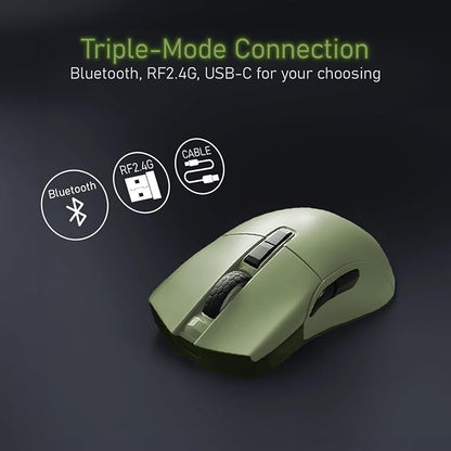 iRocks M31R Wireless Gaming Mouse, Triple Mode 2.4G/ Bluetooth/USB-C Detachable Cable Gaming Mouse, Kailh GM8.0 Mouse Switches, Advanced PixArt PAW3395 Optical Sensor, Up to 26,000 DPI - Olive Green
