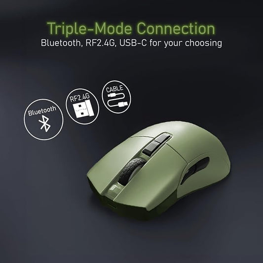 iRocks M31R Wireless Gaming Mouse, Triple Mode 2.4G/ Bluetooth/USB-C Detachable Cable Gaming Mouse, Kailh GM8.0 Mouse Switches, Advanced PixArt PAW3395 Optical Sensor, Up to 26,000 DPI - Olive Green