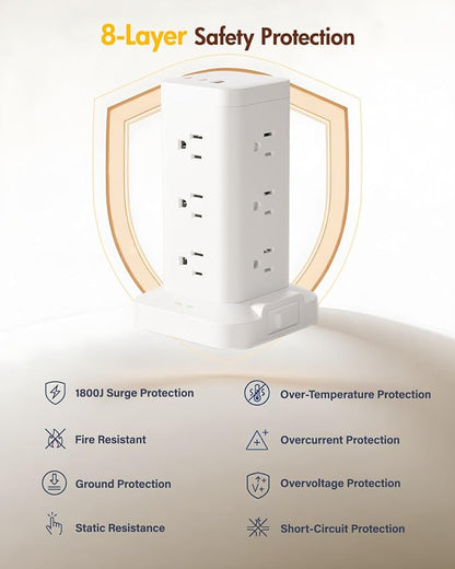 2Pack Power Strip Tower with Surge Protector 1800J, Fast Charging Tower PD20W USB-C Ports with 12 AC Outlets, 10ft Extension Cord for Home Office Dorm Room, White