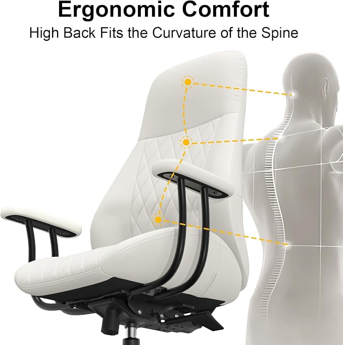 E-Ser Leather Desk Chair, Mid Century Modern Office Chair, White | Lumbar Support, Ergonomic, 360° Swivel, Rubber Rolling Wheels, Adjustable Height, for Adults