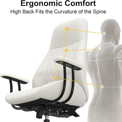 E-Ser Leather Desk Chair, Mid Century Modern Office Chair, White | Lumbar Support, Ergonomic, 360° Swivel, Rubber Rolling Wheels, Adjustable Height, for Adults