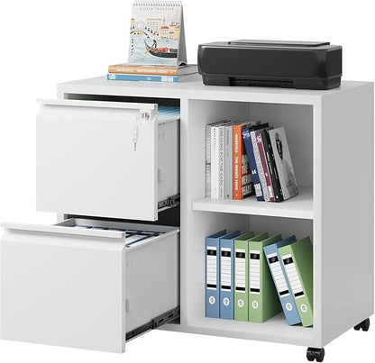 DEVAISE Lateral File Cabinet, 2 Drawer Filing Cabinets with Lock & Wheels Fits Letter/A4 Size for Home Office, Printer Stand with Adjustable Shelf (Metal, White)