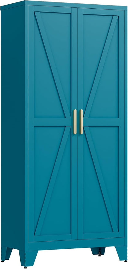 QINPTWUT 71" Metal Storage Cabinet with Doors and Shelves, Tall Pantry Cabinet in Blue with 2 Doors & 4 Adjustable Shelves, All-Steel Farmhouse Cupboard for Kitchen, Living Room,Home Office,Garage