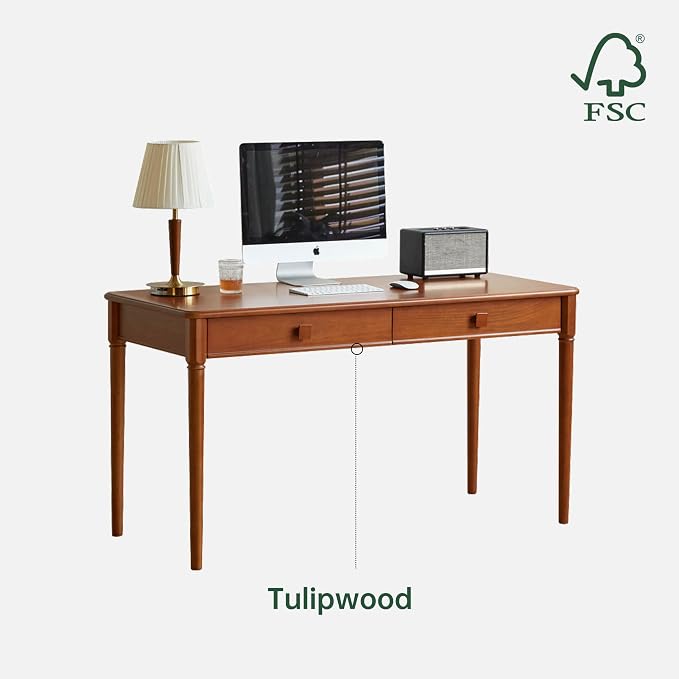 100% Solid Wood Desk Home Office Desk Mid Century Modern Writing Computer Desk with Drawer (55.1")